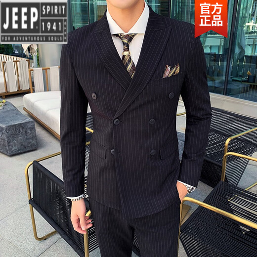 Jeep (JEEP) light luxury British gentleman style double-breasted suit men's suit suit groom wedding custom dress three pieces gray L