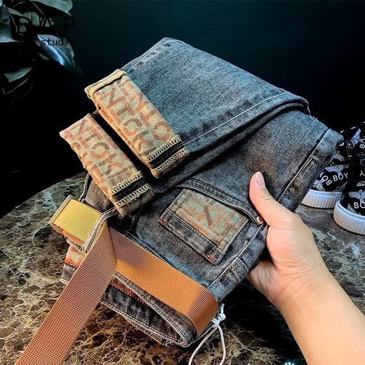 潮牌烟灰色印花牛仔裤男修身九分2024春秋冬新款锥形哈伦小脚裤子 灰色-千里行-021 34