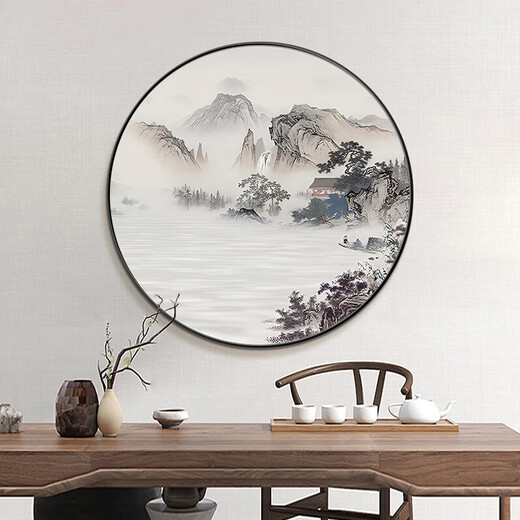 Paidan Xianmeng New Chinese Style Round Decoration Painting Entry Hall Decoration Painting Chinese Tea Room Background Wall Landscape Painting Ink Painting Lake and Mountain Color Diameter 60cm Aluminum Alloy Black Frame/Crystal Porcelain Surface