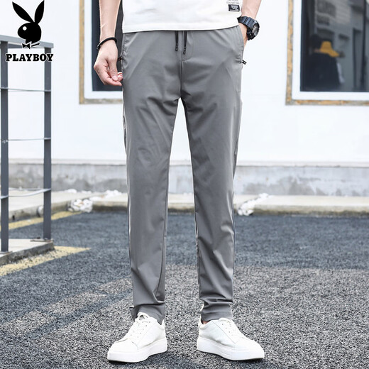 PLAYBOY (PLAYBOY) Pantalones casuales para hombres Pantalones de seda de hielo de primavera y verano para hombres Pantalones de hombres de patas rectas sueltas Gray Dark Grey 34