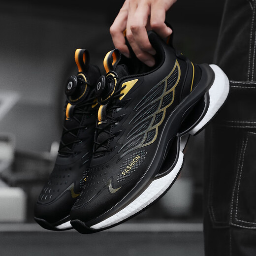 2025 new sports shoes for men, autumn and winter shoes, rotating button running shoes, ultra-light shock-absorbing breathable shoes for men 9887-black gold leather style 42
