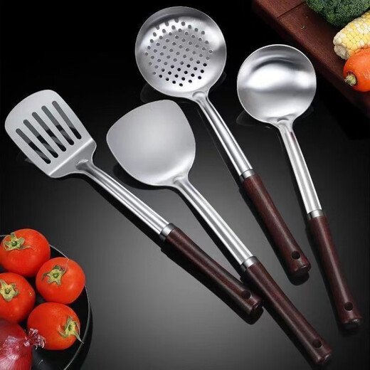Shangjiabang 304 Holzgriff Kochspatel Haushalt Edelstahl Löffel Set Küche Kochlöffel verdickter Holzgriff Spatel + Suppenlöffel + Sieb