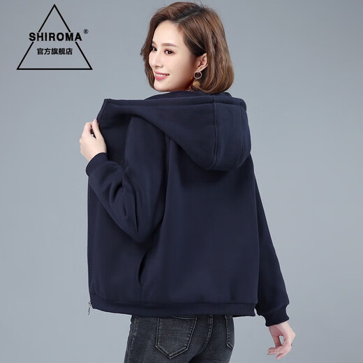 SHIROMA new winter wear hooded thickened velvet sweatshirt jacket for women autumn and winter new fashion navy L