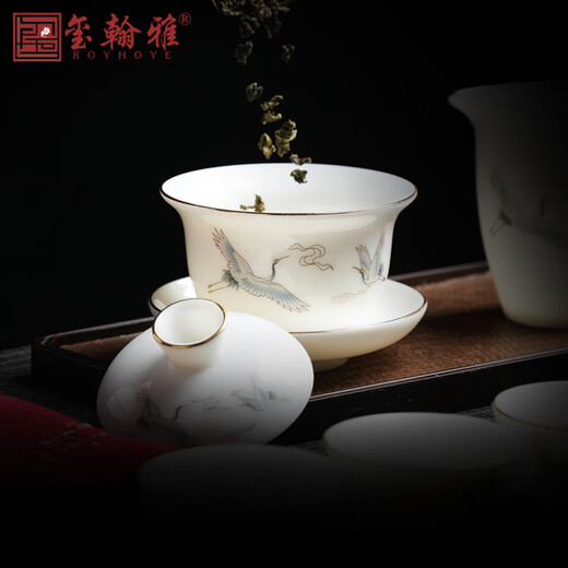 ROYHOYE mutton-fat jade tea set high-end Dehua white porcelain three-capacity bowl teacup light luxury tea set household teapot set leisurely content + teapot + six gentlemen + tea wash