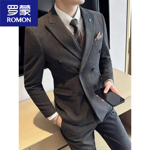 ROMON woolen suit men's suit double-breasted autumn and winter thickened warm jacket handsome wedding banquet dress men's trendy khaki suit vest vest black lining M 100110Jin Jin equals 0.5 kg