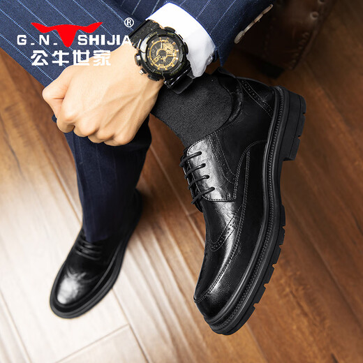 Bull Family Leather Shoes Men's 2025 Autumn and Winter New Brogue Carved Men's Shoes British Retro Business Formal Shoes Men's Casual