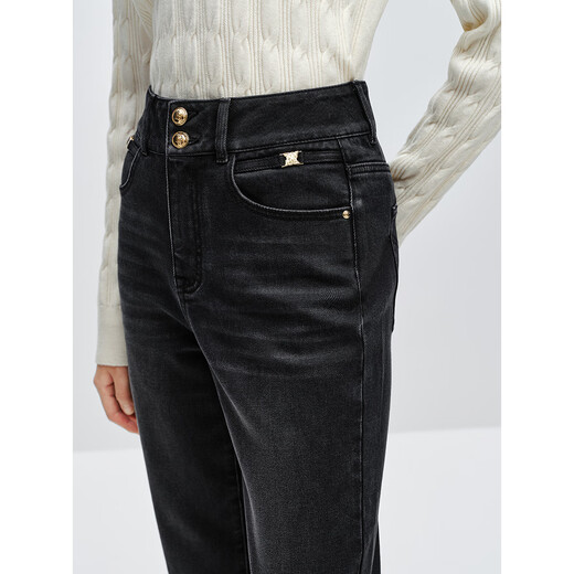 Peacebird Women's Jeans High Waist Harem Autumn and Winter Warm Denim Two Button Tapered Women's Denim Medium Black S