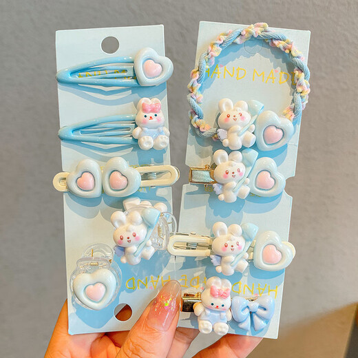Ellilo Sweet Rabbit Cute Hairpin Hairband Set Cartoon Broken Hair BB Clip Duckbill Clip Hairpin Hair Rope Hair Accessory Blue Rabbit Hairpin Hair Rope 9-piece Set