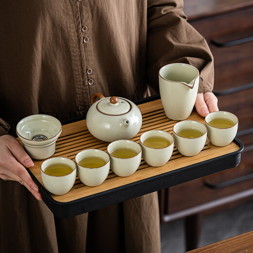 Haozun (HAOZUN) Beige Ru Kiln Kung Fu Tea Set High-end Complete Ceramic Tea Set Teapot Xishi Pot Covered Bowl Tea Cup Tea Tray Beige Ru Kiln <Guyun> Covered Bowl 6 Cups 10 Heads No Specifications