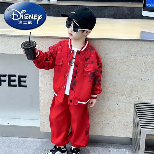 Disney (Disney) boys' autumn handsome baseball uniform suit new small and medium-sized children's street spring and autumn jacket sports two pieces black 150 yards
