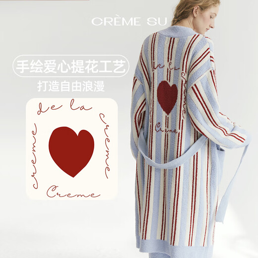 CREME SU Matisse Series Couple's Nightgown Half-Edge Contrast Color Home Clothes Wedding Stripe Love Jacquard Warm Pajamas Red and Pink Stripes-Women's One Size