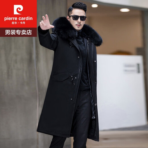 Pierre Cardin Winter Parka Men's Rex Rabbit Fur Liner 2025 New Haining Long Fur Coat Detachable Fox Fur Collar Over the Knee + Black Men's 3XL Fur Sleeves