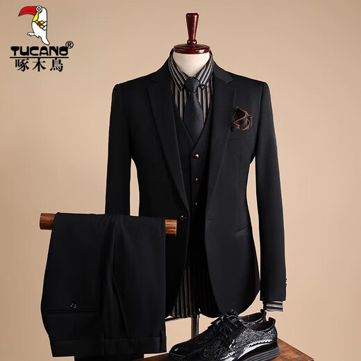Woodpecker (TUCANO) Suit Men's Interview Slim Business Formal Casual Korean Style Blazer Groomsmen Grooms Wedding Evening Dress Black 03 Double Button Turn-Up Pocket Two-piece Set 3XL (Please note height and weight when ordering white shirt)