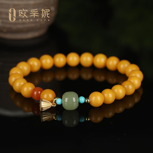 OUCERNY Beeswax Bracelet Natural Chicken Fat Yellowstone Amber and Clear Bottom Hetian Jade Bracelet Women's Russian Material Gift for Wife