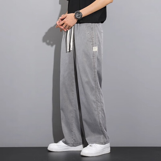 ROMON Tencel jeans men's summer thin fashion brand straight loose men's ice silk wide leg pants casual long pants men 1048 gray thin XL size recommended 135-155 Jin Jin equals 0.5 kg