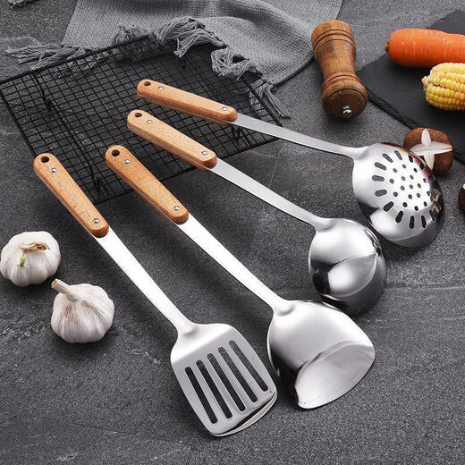 Shangjiabang 304 Holzgriff Kochspatel Haushalt Edelstahl Löffel Set Küche Kochlöffel verdickter Holzgriff Spatel + Suppenlöffel + Sieb