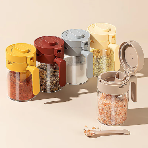 Home KATEI STORY Japanese seasoning box kitchen seasoning jar seasoning box glass salt shaker storage container moisture-proof seasoning jar quantitative high-end gray lid with small spoon 3-piece set 300ml