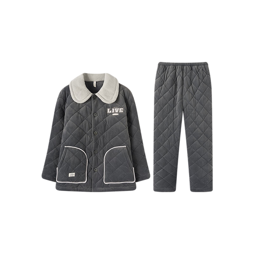 Fenton pajamas for men, three-layer thickened quilted, autumn and winter warm velvet lapel embroidered warm long-sleeved home wear set, retro gray-men's 2XL