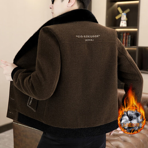 Jacket woolen coat men's youth short business casual autumn and winter velvet thickened suit collar men's woolen coat M70 brown XL recommended 120-135Jin Jin equals 0.5 kg