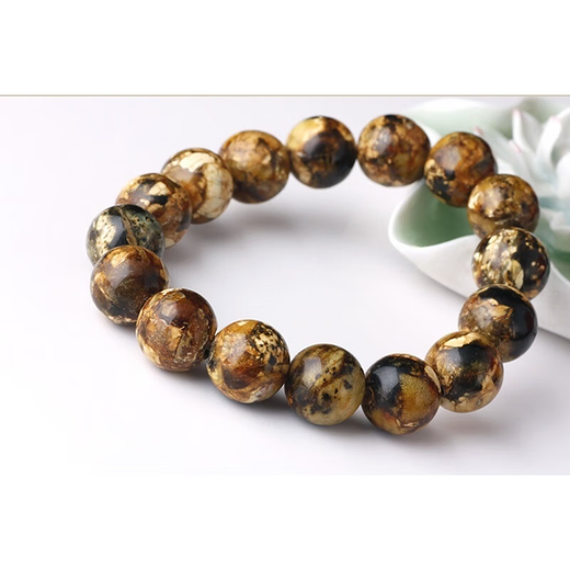 Chishe Fushun amber bracelet, amber mineral amber, black amber, white flowers, dried white flowers, medicinal amber, round bead bracelet, flower amber 12mm+