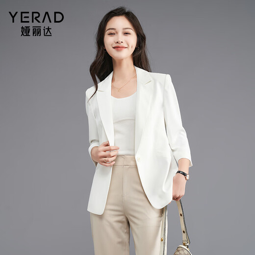 Yalida chaqueta de traje fina informal de gama alta para mujer novedad de verano traje de manga tres cuartos para mujer blanco (K0) -Moonlight White M