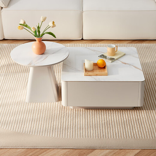Quanyou Home Modern Simple Slate Round Small Apartment Simple Cream Style Square and Round Coffee Table Combination Living Room Home