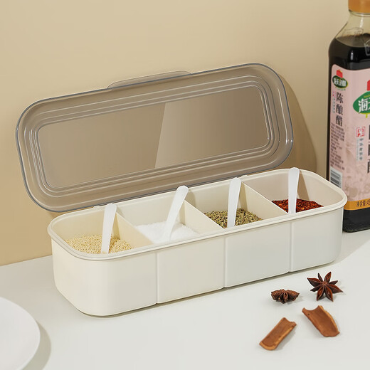 Meal General Seasoning Box Seasoning Jar with Spoon Kitchen Household Seasoning Storage Box Seasoning Utensils Salt Storage Box Simple Three-Gate Seasoning Box (Cream White)