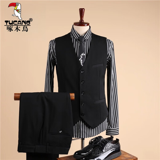 Woodpecker (TUCANO) Suit Men's Interview Slim Business Formal Casual Korean Style Blazer Groomsmen Grooms Wedding Evening Dress Black 03 Double Button Turn-Up Pocket Two-piece Set 3XL (Please note height and weight when ordering white shirt)