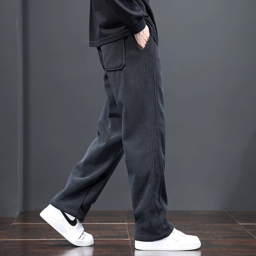 Woodpecker spring and autumn men's new casual pants winter plus velvet thickening loose straight sports versatile trendy long pants blue gray XL (130-150Jin Jin equals 0.5 kg)