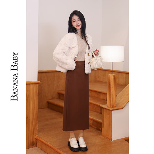 BANANA BABY2023冬新款软糯感仿羊羔毛短外套女温柔V领牛角扣上衣D234WT841 杏色 L