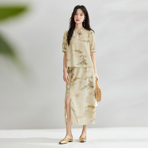 INMAN New Chinese Style National Style Printed Two-piece Suit Women's 2024 Summer Retro Literary High-Quality Shirt Slit Skirt Pear Blossom Yellow S