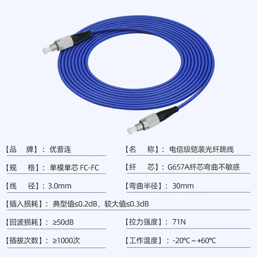 优普连 电信级铠装单模光纤跳线sc转sc-LC-FC-ST钢圈铠甲线 工程专用尾纤延长线防鼠咬阻燃 铠装单模单芯FC-FC 3米