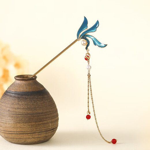 Ancient costume style hairpin with long tassels, leaf hairpin, cheongsam, Ming-made ethnic headwear, Hanfu accessories, retro hairpin, swallowtail dot wave-lily of the valley tassel