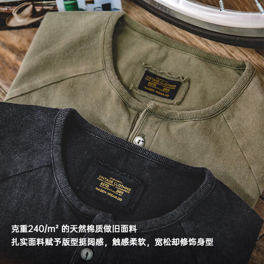Madden Workwear American Distressed Henley Shirt Pure Cotton Breathable Casual Short Sleeve Ami Khaki Tough Guy T-shirt Men's Trendy Summer Green XL