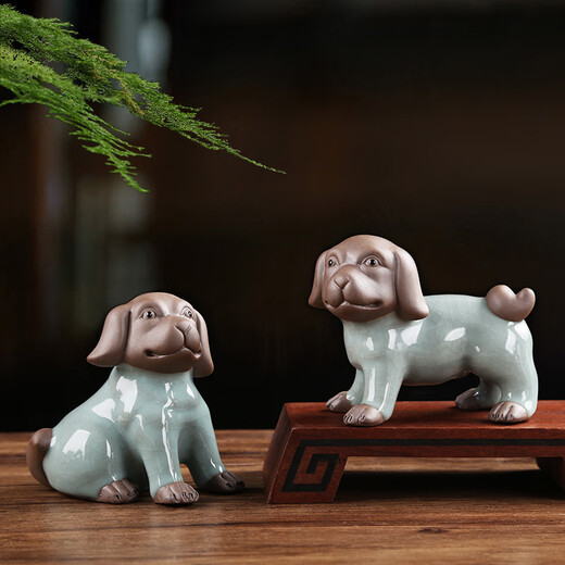 Bamboo celadon cute puppy tea pet ornaments tea set accessories creative ceramic handmade zodiac cute dog tea table decoration can be raised Xiaowangcai-Ge Kiln
