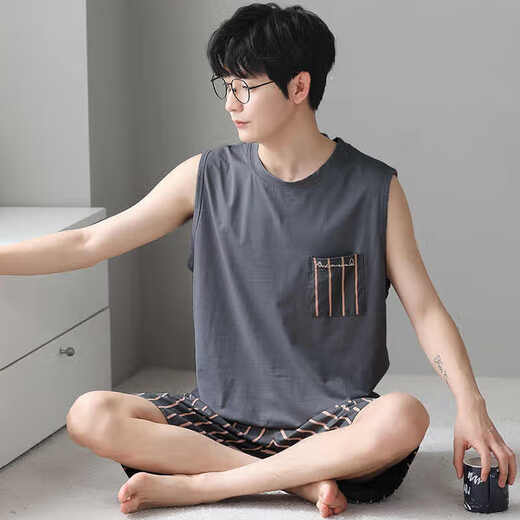 浪莎莫代尔睡衣男背心秋季薄款青年大码休闲家居服可外穿2件短裤套装 12023 L 建议95-120斤