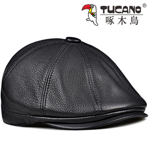 Woodpecker Autumn and Winter Genuine Leather Hats for Middle-aged and Elderly Men Sheepskin Octagonal Hat Fashion Duck Bill Newsboy Beret Trendy Painter Black Sheepskin Thin Style (No Ear Protection) XL (57-58cm) Small Internal Adjustment