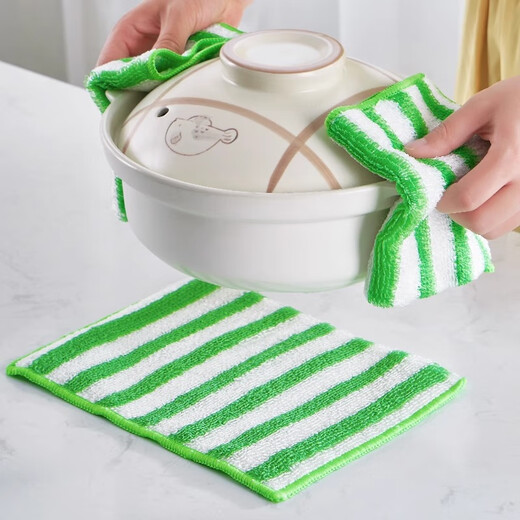 Beautiful polyester bamboo fiber dishwashing cloth, not easy to stain with oil, kitchen cleaning rag, household, not easy to shed, absorb water, lazy cleaning towel, 10 pieces, large size 25*25cm, striped green