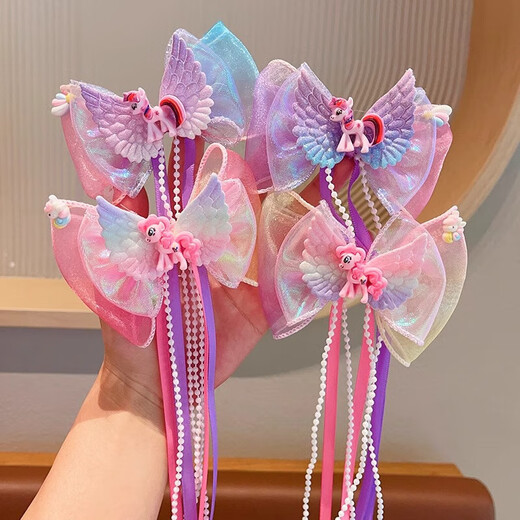 Children's My Little Pony Bow Tiara Little Girl Princess Hairpin Baby Mesh Streamer Hair Accessory Girls Hairpin Pink Mesh + Purple Mesh