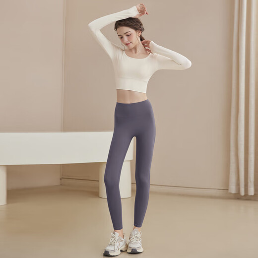 LULUUVTTOH yoga clothing long-sleeved suit for women with chest pads shockproof autumn and winter fitness Pilates sports breathable tops training clothes for women off-white tops fixed cup chest pads L 115-130Jin Jin equals 0.5 kg