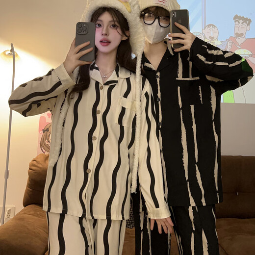 Bo Na Ling couple's pajamas for one man and one woman, summer and autumn cardigan, long-sleeved trousers, casual lapels, winter wearable home clothes set, wavy pattern couple's pajamas, black men's XL