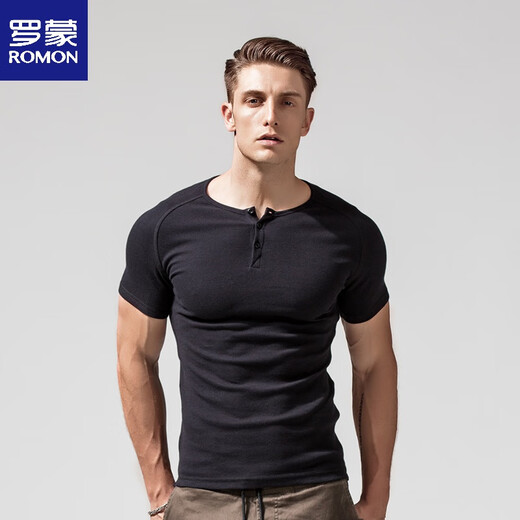 ROMON Henry shirt men's short-sleeved T-shirt Henry collar American retro heavyweight cotton tight slim short-sleeved bottoming shirt spring and autumn black (short-sleeved) T1781 M 90-Jin Jin equals 0.5 kg