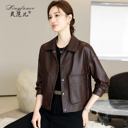 Lingfaner Haining genuine leather small leather jacket for women 2024 new spring and autumn casual first layer sheepskin jacket short style red coffee color 3XL