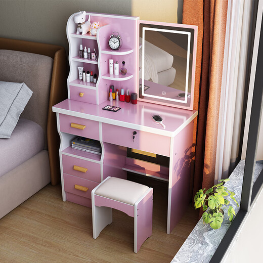 Zhongen dressing table hidden mirror push-pull bedroom modern minimalist dressing table desk integrated internet celebrity ins style with lock warm white left cabinet without light hidden mirror gift stool assembly x video to install by yourself