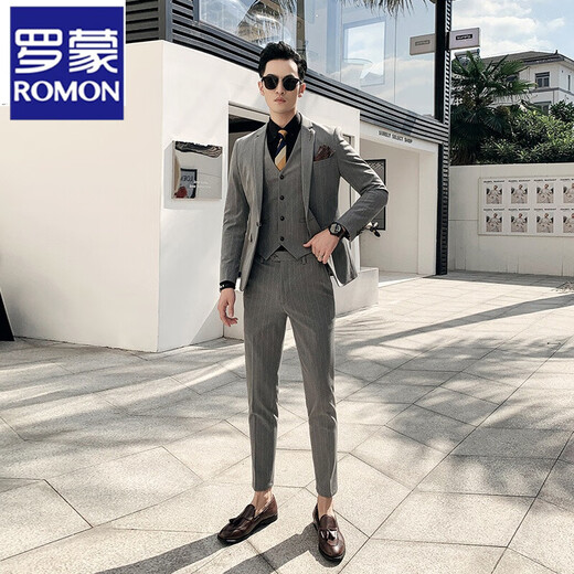 ROMON suit men's three-piece Korean style slim-fitting business professional interview formal striped suit groom's wedding dress dark gray one-piece suit M
