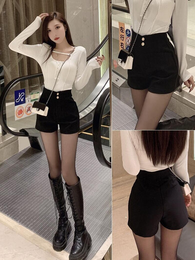 Quetong suit black shorts autumn and winter outer shorts summer versatile slimming boots and pants for small people thickened and velvet A-line bottom black autumn and winter velvet style M