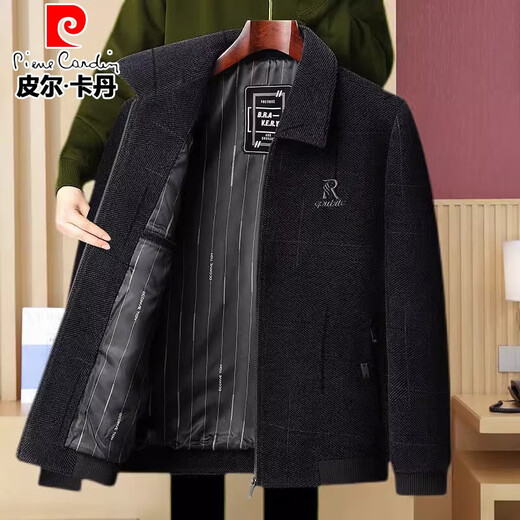 Pierre Cardin jacket men's spring and autumn chenille plus velvet thickened warm jacket middle-aged and elderly casual tops men's dad wear black and gray stand-up collar thick style without velvet XL (180) Recommended weight 110-130Jin Jin is equal to 0.5 kg