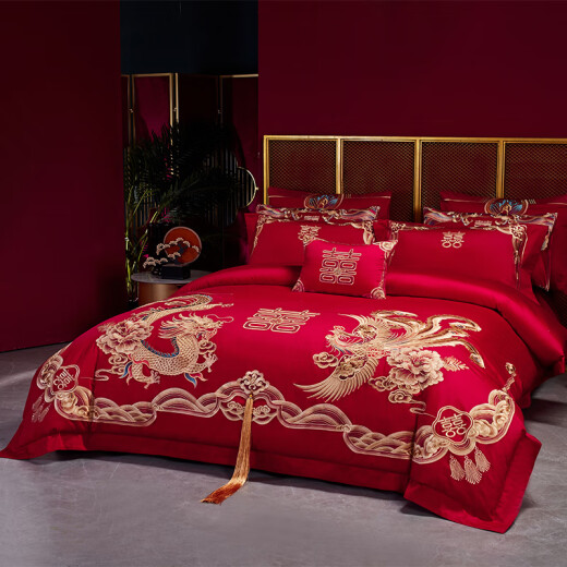 Suozhen 2024 wedding room bed four-piece set pure cotton red embroidery wedding set newlywed wedding eight-piece set dragon and phoenix congratulations 1.8 meters bed style four-piece set