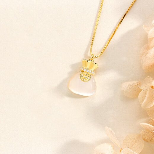 Avro S925 Silver Chalcedony Lucky Bag Necklace Women's Money Bag Pendant for Girlfriend and Wife's Birthday Chinese Valentine's Day Gift Golden Lucky Bag Necklace + Certificate + High-end Gift Box