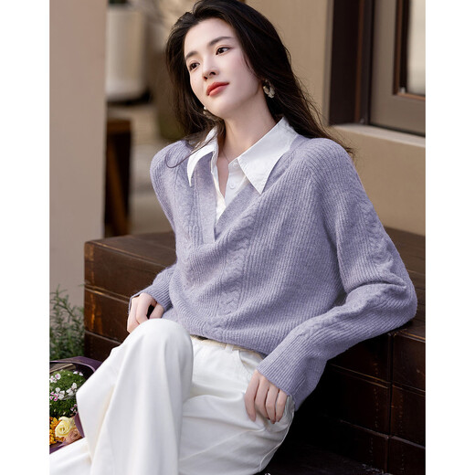 Demana Cloud Sweater Spring and Autumn Simple Style Commuting Spliced ​​Lapel Comfortable Fiber Velvet Yarn Covering Flesh Knitted Sweater Women's Top